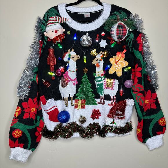 Ugly Christmas Sweater Llama LIGHTS UP Tacky Tinsel Xmas Party Winner Size Large - Picture 1 of 5